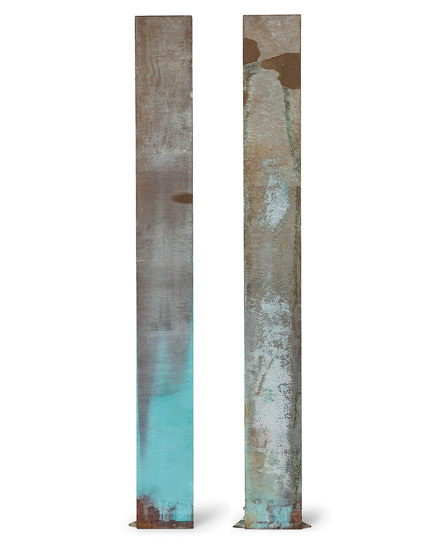 Eric Orr (1939-1998), Double fountain: Eric Orr (1939-1998) Double fountain Copper Each unmarked Each without brackets: 108.25" H x 12" W x 7" D Other notes: Eric Orr created a number of fountain sculptures that merged elemental mate