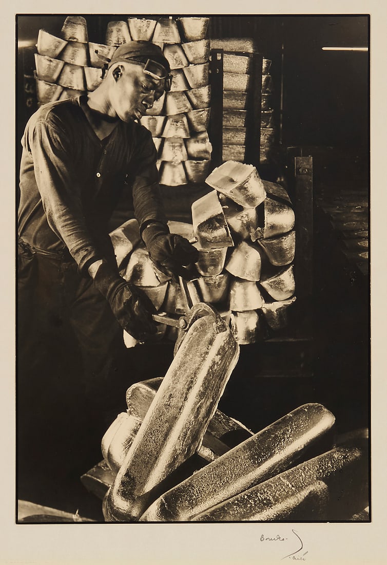 Margaret Bourke-White (1904-1971), "Al. Co.," (Factory Worker, Aluminum Company of America), circa: Margaret Bourke-White (1904-1971) "Al. Co.," (Factory Worker, Aluminum Company of America), circa 1935 Silver gelatin print on thick paper mounted to paperboard From an edition of unknown size Signed
