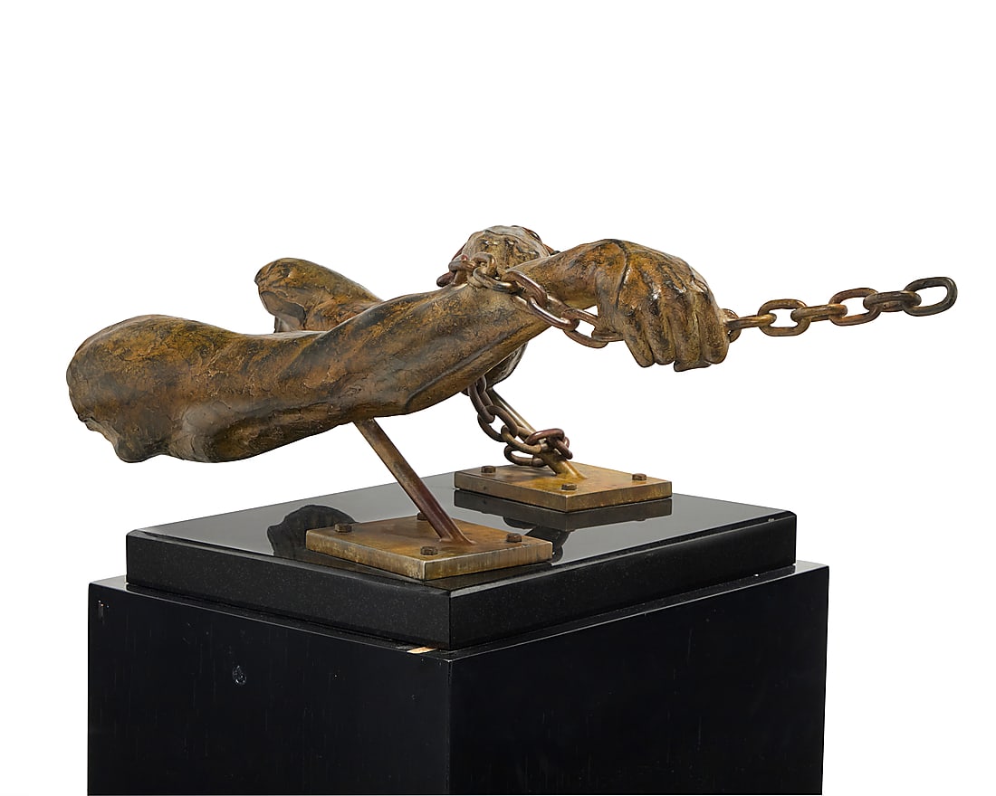 Earl Enriquez (b. 1962), "A Hold On Destiny," 2000: Earl Enriquez (b. 1962) "A Hold On Destiny," 2000 Patinated bronze on stone base on wood plinth Signed and dated in the casting of the left forearm: © Enriquez; with foundry mark: AWF Bronze: 13.5"