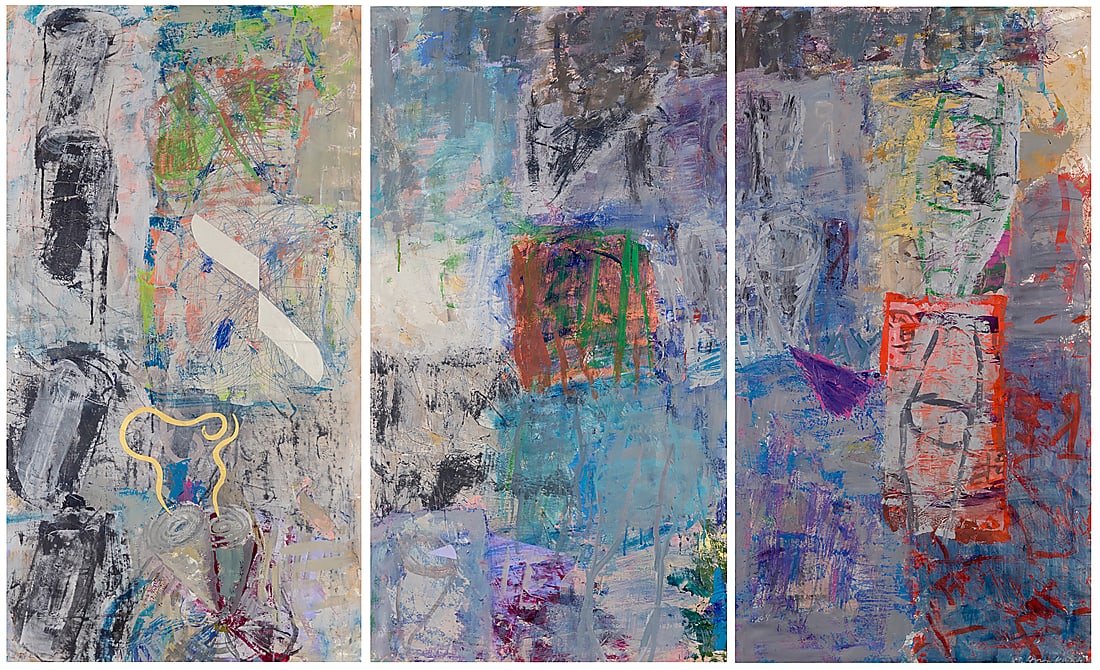 Hoon Kwak (b. 1941), "Chi" (triptych), 1989: Hoon Kwak (b. 1941) "Chi" (triptych), 1989 Mixed media on three sheets of paper One is signed and dated in the lower right corner: Hoon Kwak '89 Sight of each: 52" H x 28.25" W