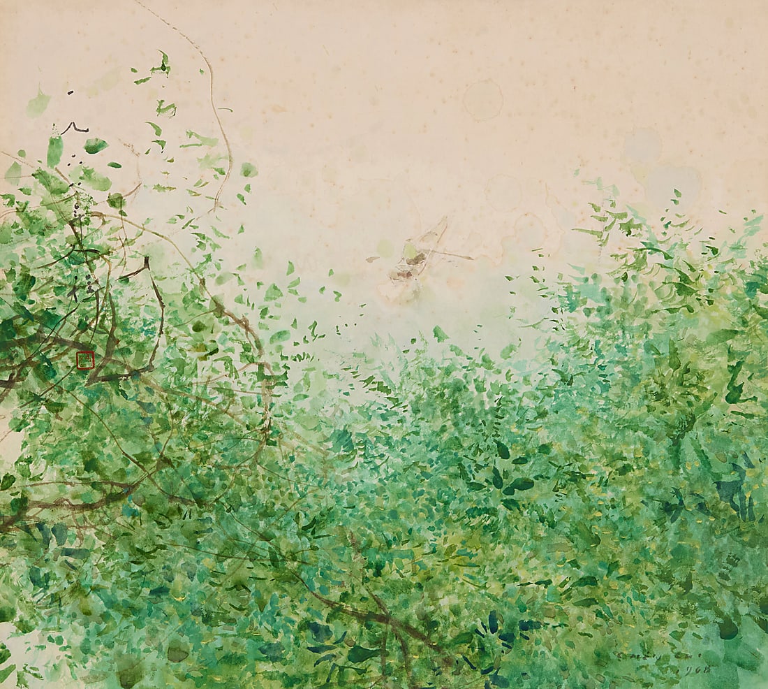 Chen Chi (1912-2005), Verdure landscape, 1968: Chen Chi (1912-2005) Verdure landscape, 1968 Watercolor on paper mounted to Masonite Signed and dated lower right: Chen Chi / 1968; with the artist's red ink chopmark in the branches to the left of