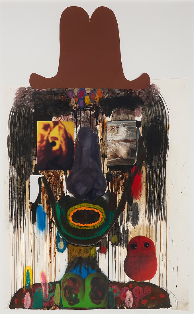 Jannis Varelas (b. 1977), "Black Nose Villain/Brown," 2012: Jannis Varelas (b. 1977) "Black Nose Villain/Brown," 2012 Charcoal, oil, oil stick, graphite, spray paint, plasticine, and collage on paper Signed verso: Jannis Varelas; titled by repute 98" H x 59" W