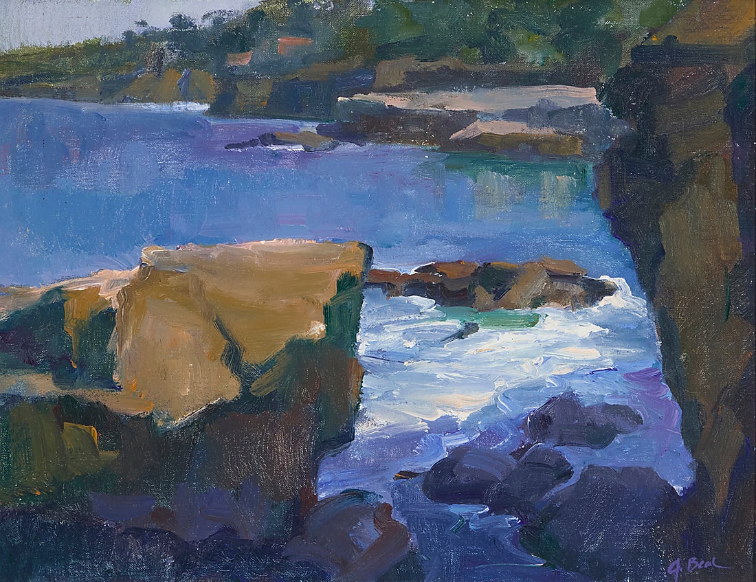 Joli Beal (b. 1952), "Action and Calm (La Jolla Cove)": Joli Beal (b. 1952) "Action and Calm (La Jolla Cove)" Oil on canvas laid to artist's board Signed lower right: J. Beal; signed and titled in brown ink verso: Joli Beal 14" H x 18" W