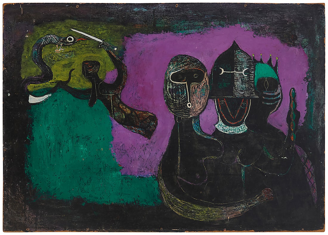 Felix Ruvolo (1912-1992), "The Watchers," 1945: Felix Ruvolo (1912-1992) "The Watchers," 1945 Oil on Masonite With the incised signature lower left: Ruvolo - 45; titled on a museum label and a letter signed by Professor Karl Kasten, all affixed ver