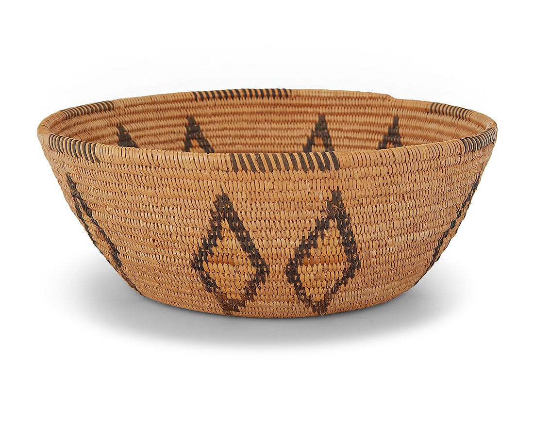 A Panamint Shoshone polychrome basketry bowl: A Panamint Shoshone polychrome basketry bowl Early 20th century; Great Basin The coiled bowl with partial rim ticking above five pairs of floating diamonds and a star at center of base 4" H x 8" Dia. 