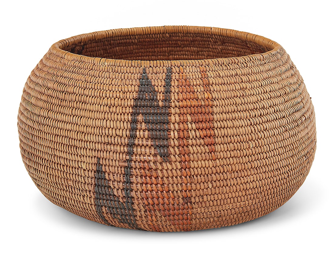 A California Mission polychrome basketry bowl: A California Mission polychrome basketry bowl Early 20th century; Southern California The coiled bowl with three pairs of zig-zig columns above a central circle issuing three arrows 4.625" H x 8.75"