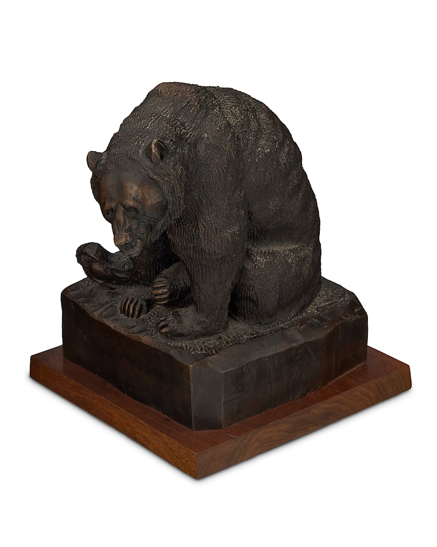 John Louis "Cutapuis" Clarke (1881-1970, Blackfeet), "Grizzly," 1978: John Louis "Cutapuis" Clarke (1881-1970, Blackfeet) "Grizzly," 1978 Patinated bronze on rotating wood plinth Edition 1/50 Signed in the casting: J. L. CLARKE; impressed with date and edition: © TW