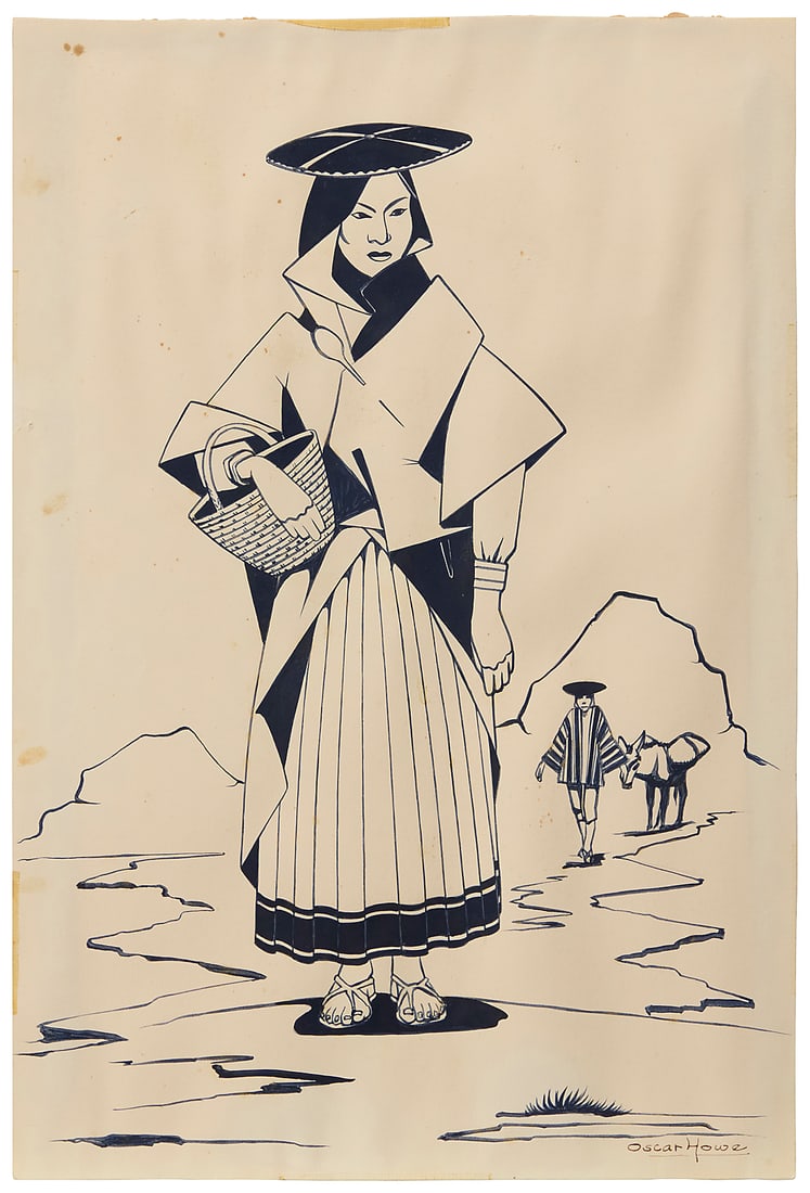 Oscar Howe (1915-1983, Yanktonai Dakota), Native American woman with basket (1 of 6)