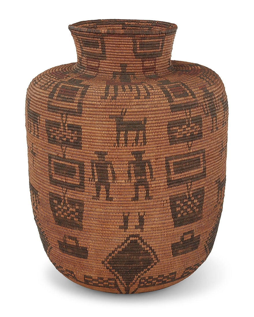 A large Apache polychrome basketry olla - 2