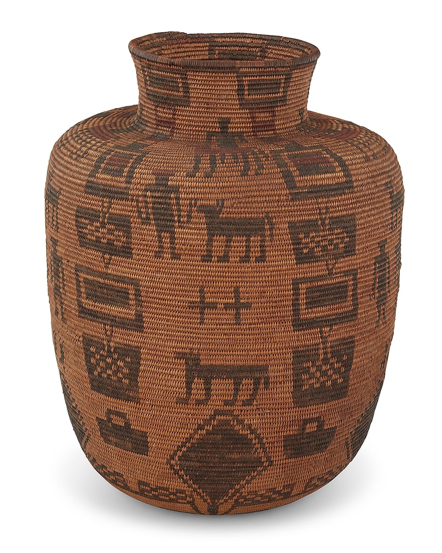A large Apache polychrome basketry olla - 3