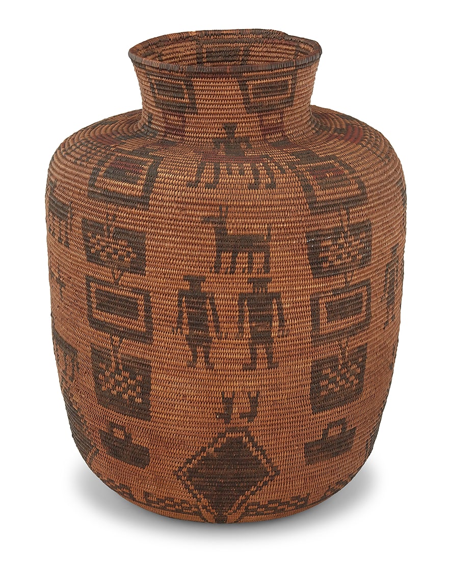 A large Apache polychrome basketry olla - 4