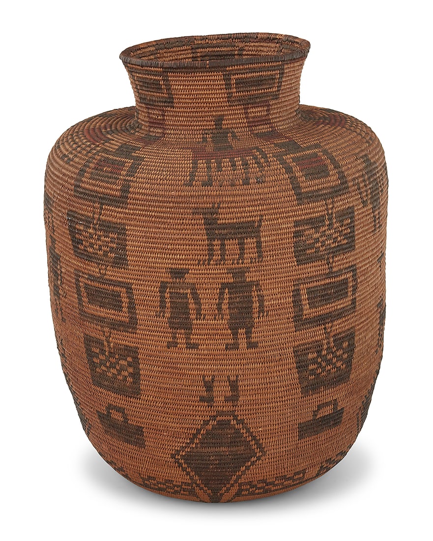 A large Apache polychrome basketry olla - 5