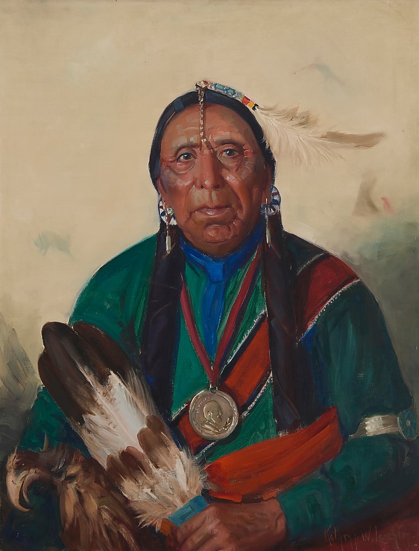 Kathryn Woodman Leighton (1875-1952), "Sky Chief": Kathryn Woodman Leighton (1875-1952) "Sky Chief" Oil on canvas Signed lower right: Kathryn W. Leighton; titled and inscribed "C1123" in pencil on the stretcher 36" H x 28.25" W Provenance: Private