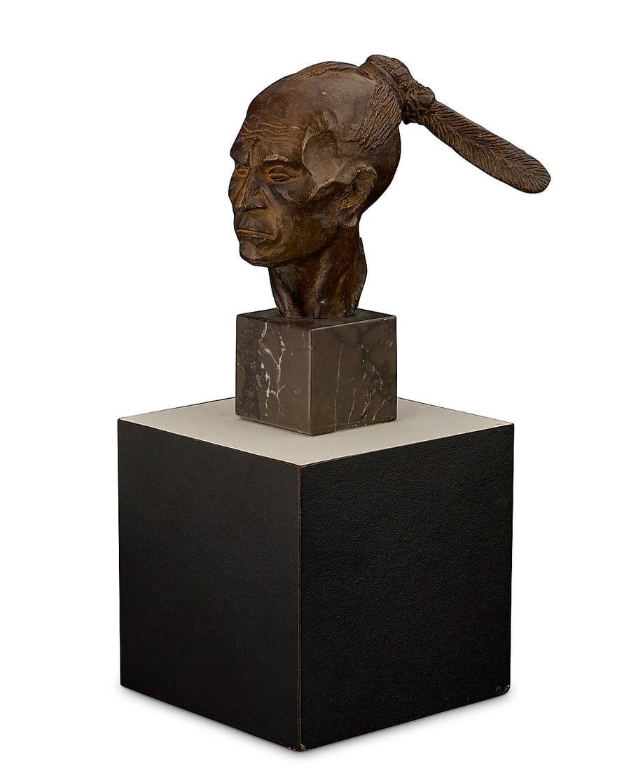 Harry Jackson (1924-2011), "Algonquin Chief Head, One Feather," 1971: Harry Jackson (1924-2011) "Algonquin Chief Head, One Feather," 1971 Patinated bronze on marble base on laminated wood plinth Edition: 22/100 Signed, dated, and numbered in the casting: © H. Jackson /