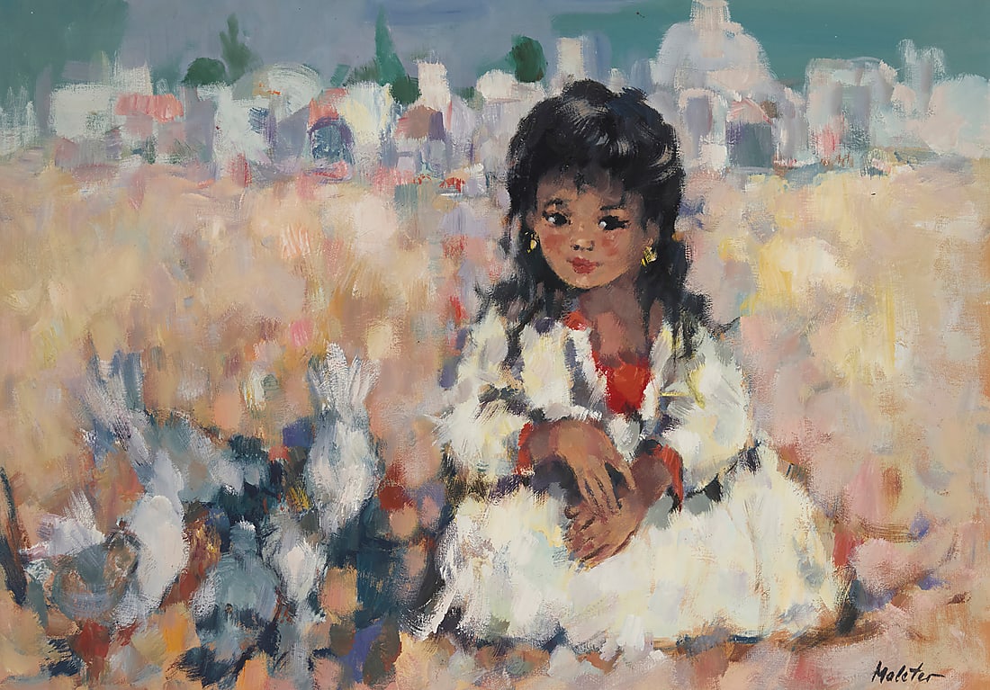 M. Maleter (b. 1925), Girl with pigeons: M. Maleter (b. 1925) Girl with pigeons Oil on canvas Signed lower right: Maleter 25.25" H x 36.25" W Provenance: Private Estate, Montecito, CA