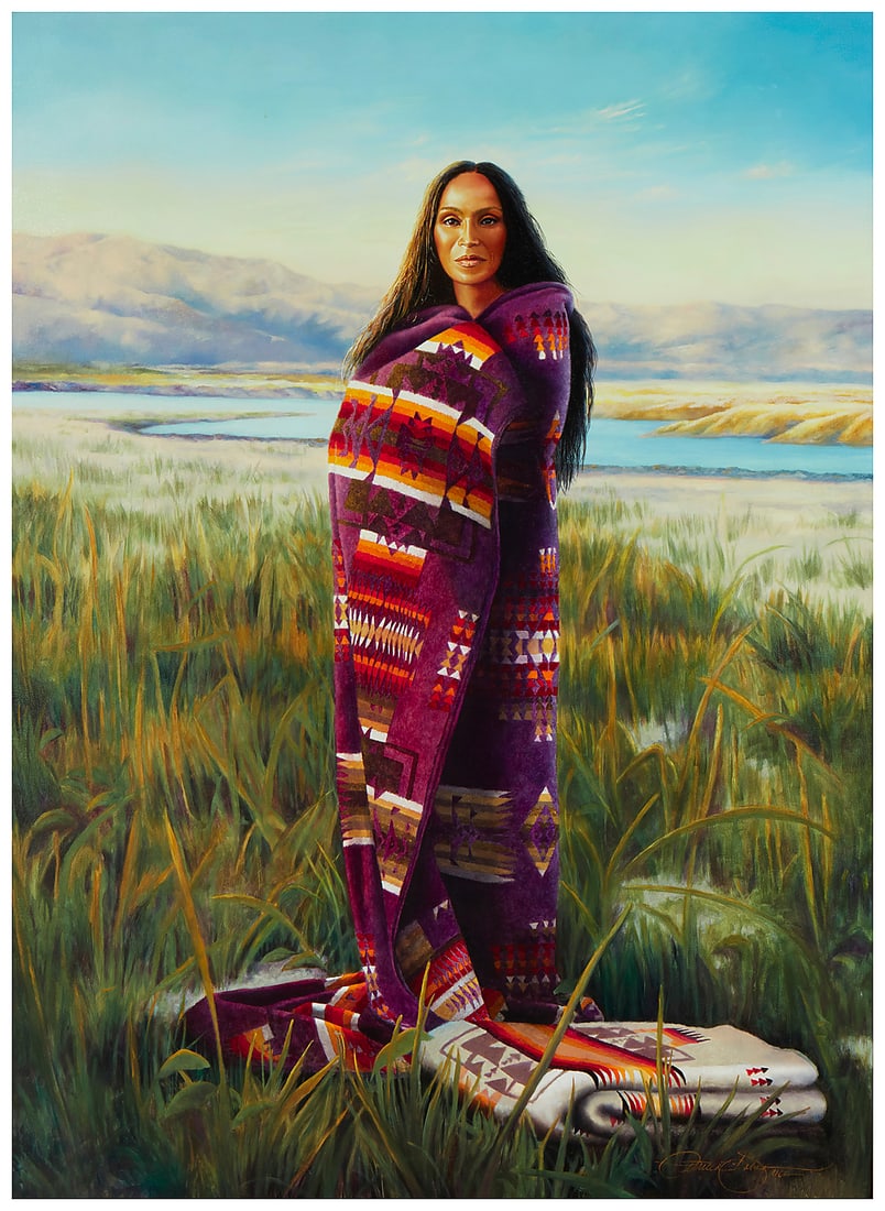 Patricia Dobson (b. 1947), "Sunrise on the Cheyenne," 1992, Oil on canvas, 50" H x 36" W: Patricia Dobson (b. 1947) "Sunrise on the Cheyenne," 1992 Oil on canvas Signed lower right: Patricia Dobson; titled and dated "© 1992," on the canvas overlap 50" H x 36" W