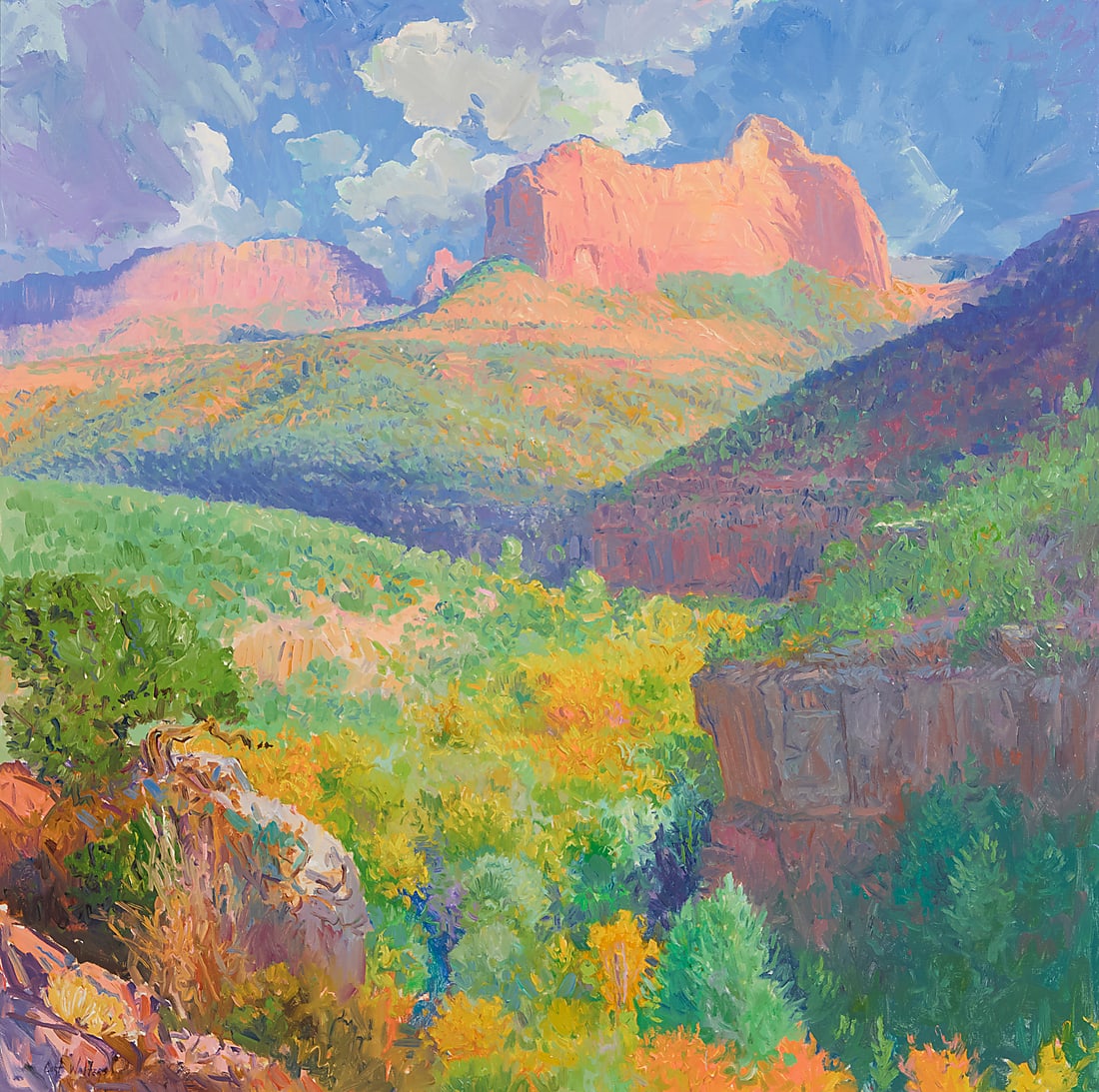 Curt Walters (b. 1950), "Primary Hues and Formations": Curt Walters (b. 1950) "Primary Hues and Formations" Oil on canvas Signed lower left: Curt Walters; titled on a tag attached to the frame 36" H x 36" W Other notes: Born in New Mexico and raised in