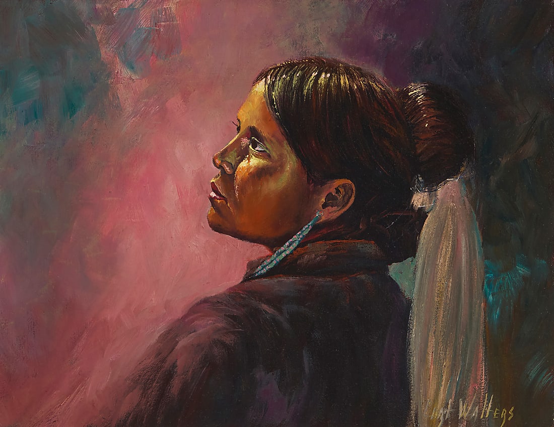 Curt Walters (b. 1950), "Navajo Maiden": Curt Walters (b. 1950) "Navajo Maiden" Oil on canvas Signed lower right: Curt Walters; titled on the stretcher 14" H x 18" W Other notes: Born in New Mexico and raised in the Four Corners region,