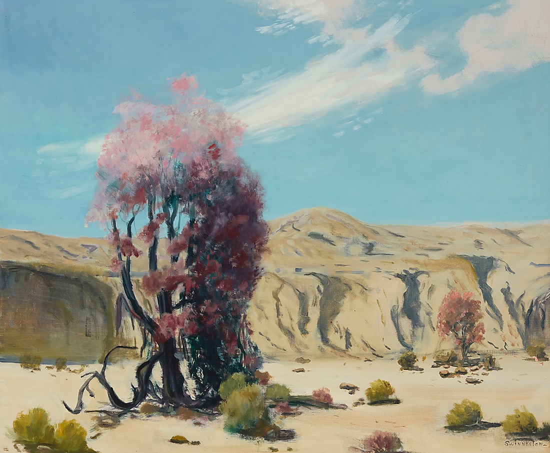 James Swinnerton (1875-1974), Blooming Ironwood in a desert landscape: James Swinnerton (1875-1974) Blooming Ironwood in a desert landscape Oil on canvas Signed lower right: Swinnerton - 28" H x 34" W