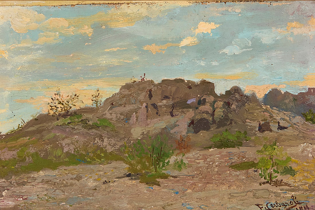 Ettore Serbaroli (1881-1951), Mohave desert landscape: Ettore Serbaroli (1881-1951) Mohave desert landscape Oil on canvas laid to canvas Signed and indistinctly dated lower right: E. Serbaroli / 1939 8" H x 11" W Provenance: Sold: Clar's Auction Gallery,
