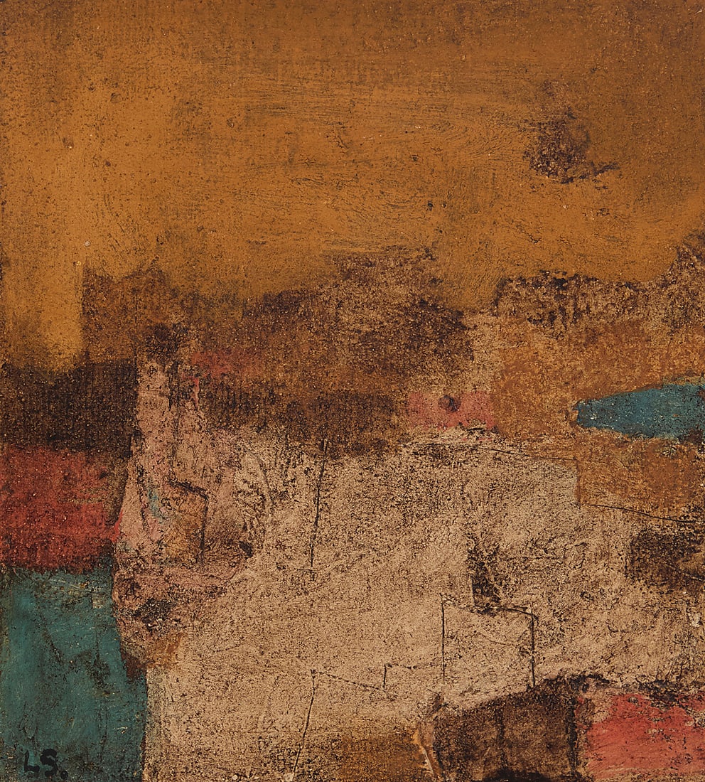 Louis Siegriest (1899-1989), "Utah," 1962: Louis Siegriest (1899-1989) "Utah," 1962 Oil and sand on Masonite Signed with initials lower left: L.S.; signed again, titled, and dated verso: Siegriest 62 9" H x 8" W