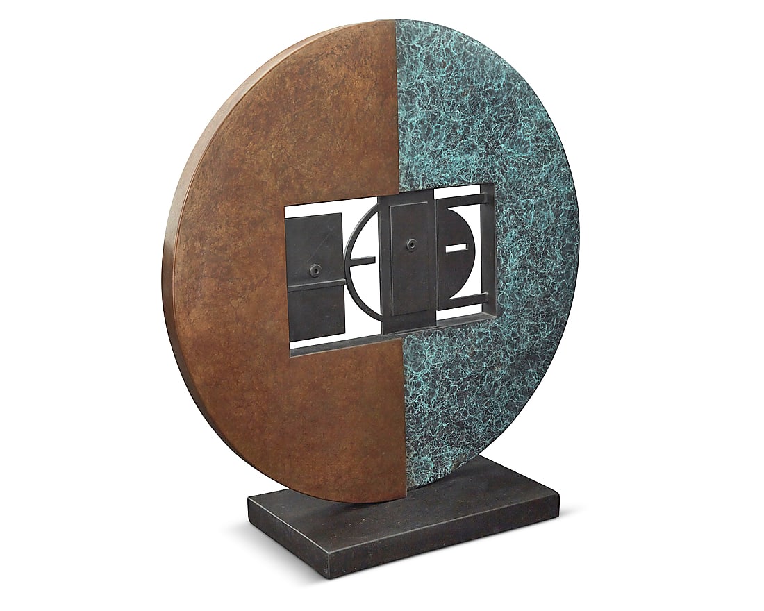 Dan Namingha (b. 1950, Hopi-Tewa), "Dualities," 1997: Dan Namingha (b. 1950, Hopi-Tewa) "Dualities," 1997 Mixed patinated bronze on metal base Edition: 20/20 Signed, dated, and numbered in the base: Dan Namingha / © 97 / [artist's cipher] Overall: 20"