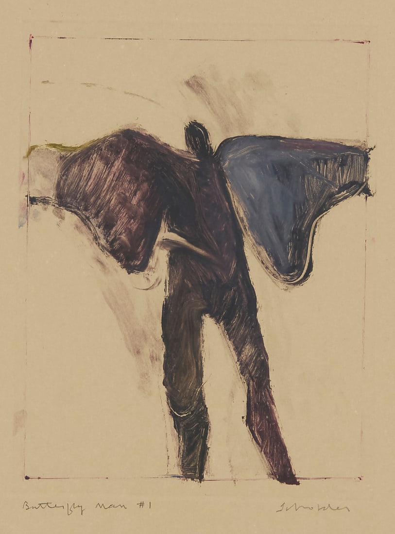 Fritz Scholder (1937-2005, Luiseño), "Butterfly Man #1": Fritz Scholder (1937-2005, Luiseño) "Butterfly Man #1" Monotype in colors on buff wove paper Signed and titled in pencil in the lower margin: Scholder; with an unidentified bull blindstamp in the