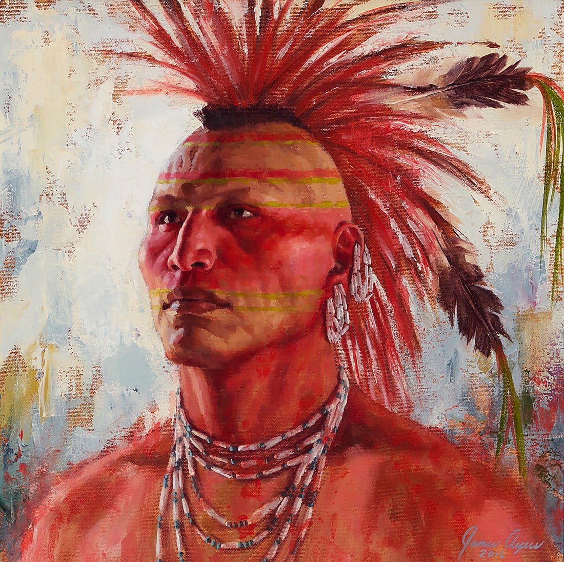 James Ayers (b. 1969), "Pawnee Strength," 2016: James Ayers (b. 1969) "Pawnee Strength," 2016 Oil on canvas Signed and dated lower right: James Ayers / 2016; titled by repute 16" H x 16" W
