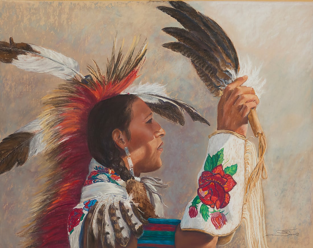 Jackie Sevier (20th century, Northern Arapaho), "In Reverence," 1990: Jackie Sevier (20th century, Northern Arapaho) "In Reverence," 1990 Pastel on paper Signed in pencil lower right: Jackie Sevier ©; titled and dated "1990" in ink, and with the artist's black ink