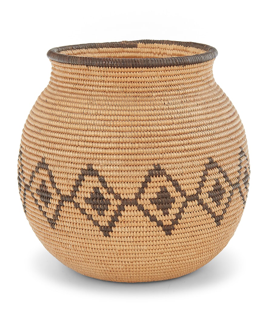 A Chemehuevi basketry olla: A Chemehuevi basketry olla Early 20th century; Great Basin/Southwest United States The coiled globular jar with a band of conjoined concentric diamonds 5.625" H x 6" Dia.
