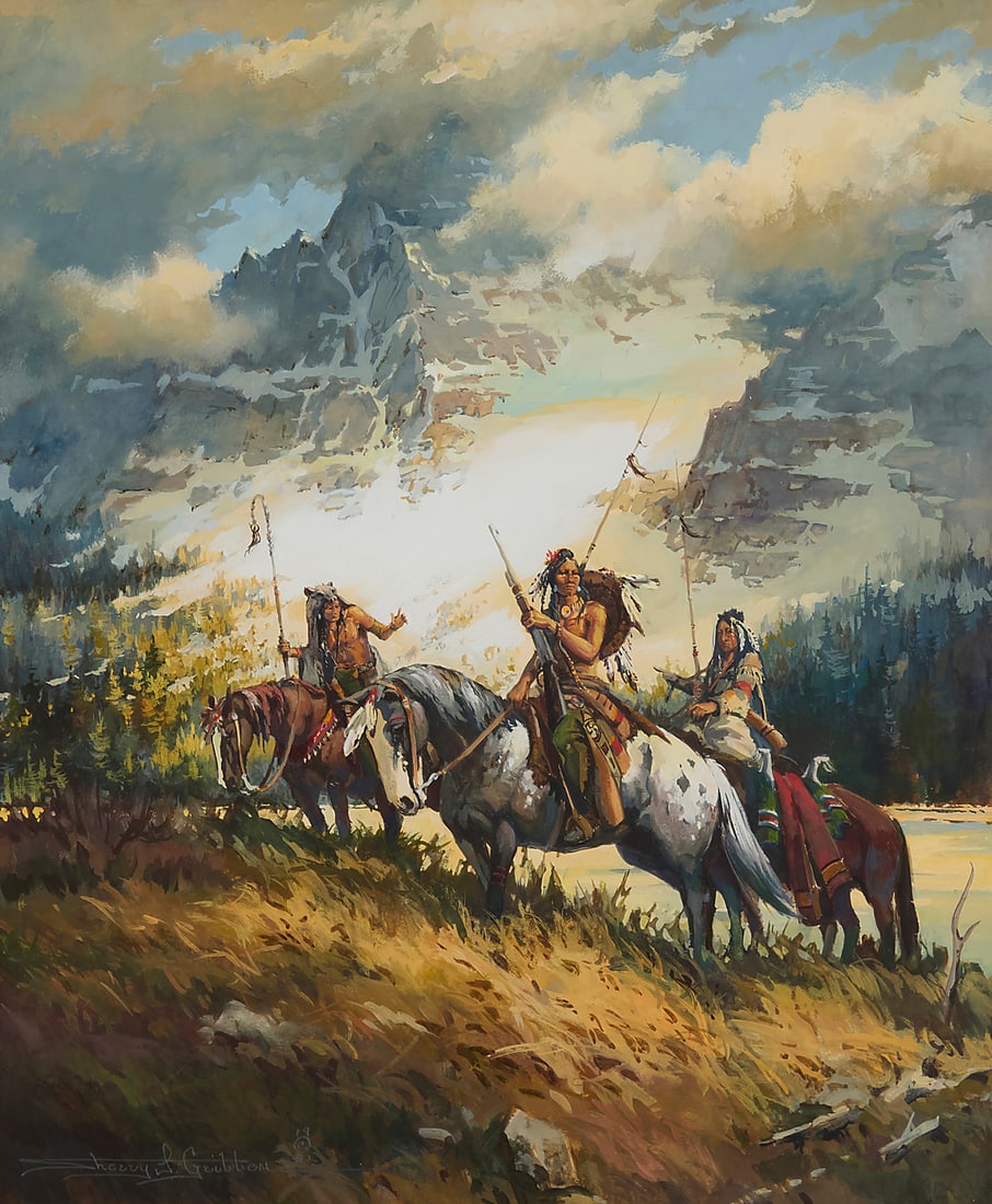 Sherry L. Gribben (20th Century), Three Native Americans on horseback in mountainous terrain, 1982 (1 of 5)