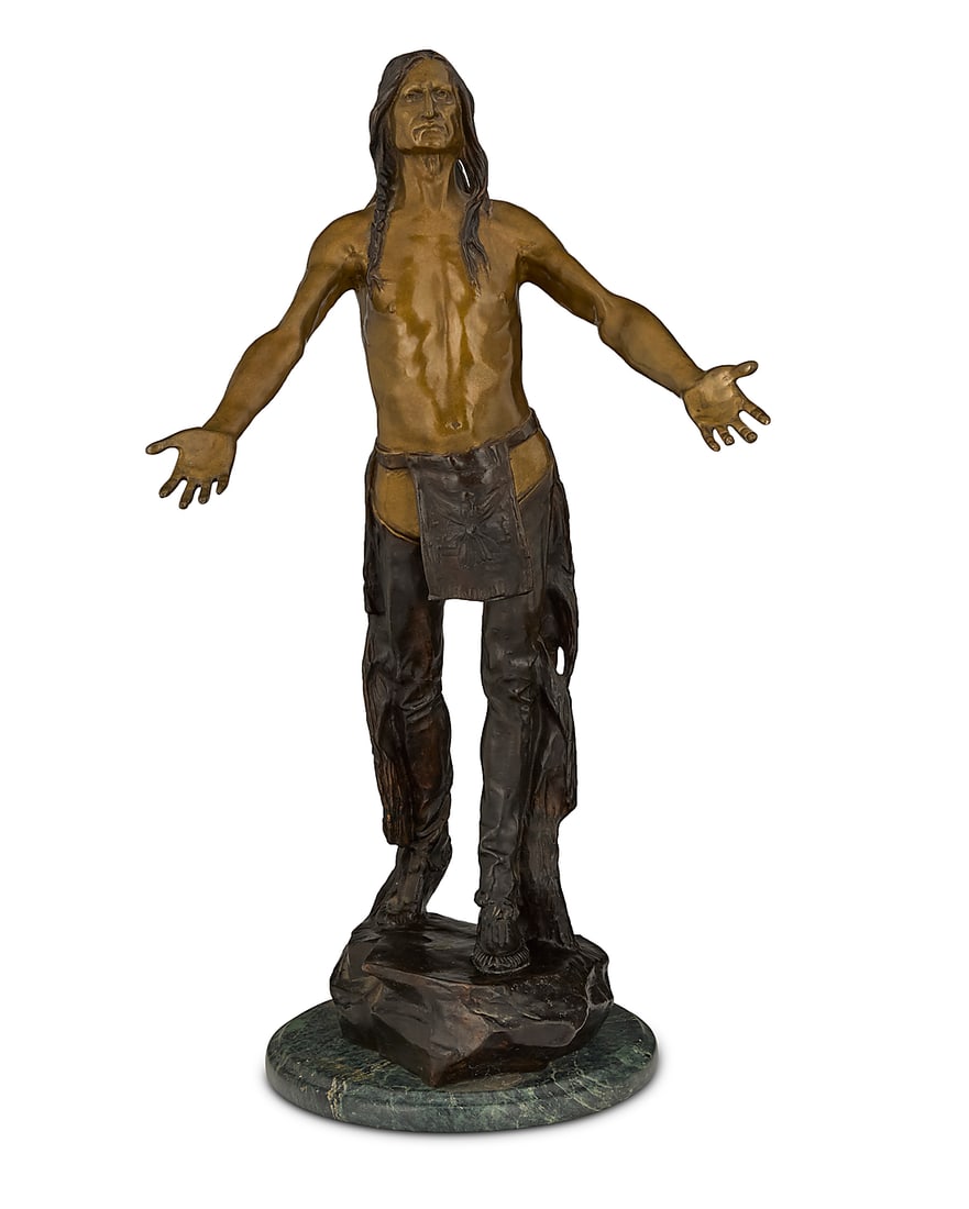 After Charles Henry Humphriss (1867-1934), "Appeal to the Great Spirit," modeled 1906: After Charles Henry Humphriss (1867-1934) "Appeal to the Great Spirit," modeled 1906 Patinated and polished bronze on marble plinth Signed and dated in the casting: CH. Humphriss Bronze: 28" H x 15.62