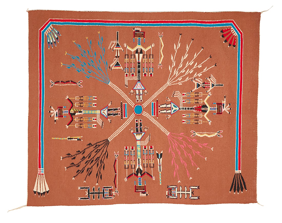 A Navajo sandpainting textile: A Navajo sandpainting textile Mid-20th century, Dine Woven in multicolor wool, depicting six Yei figures, bows and other objects, and four bunches of five corn stalks within a rainbow border 46" H x
