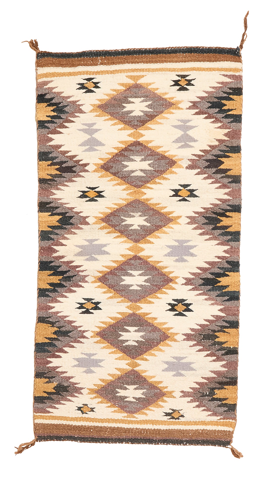 A Navajo regional weaving: A Navajo regional weaving Mid-20th century, Dine Woven in black, dark brown, natural brown, natural grey, cream, grey, and ochre wool, depicting columns of stacked serrated diamonds 38" H x 19.75" W