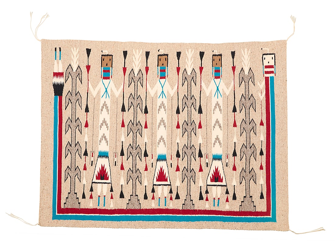 A Zonnie Gilmore Navajo Yei textile: A Zonnie Gilmore Navajo Yei textile Zonnie Gilmore (b. 1939, Dine) Late 20th century Woven in turquoise, red, black, cream, natural tan, and natural grey wool, depicting three figures holding feather 