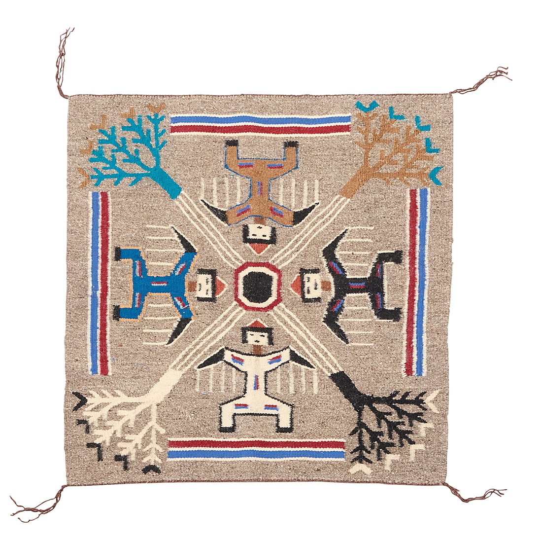 A small Sadie Ross Navajo sandpainting textile: A small Sadie Ross Navajo sandpainting textile Sadie Ross (b. 1937, Dine) Mid/late 20th century Woven in multicolor wool, depicting four Yei figures and bunches of five corn stalks at corners 24.25"