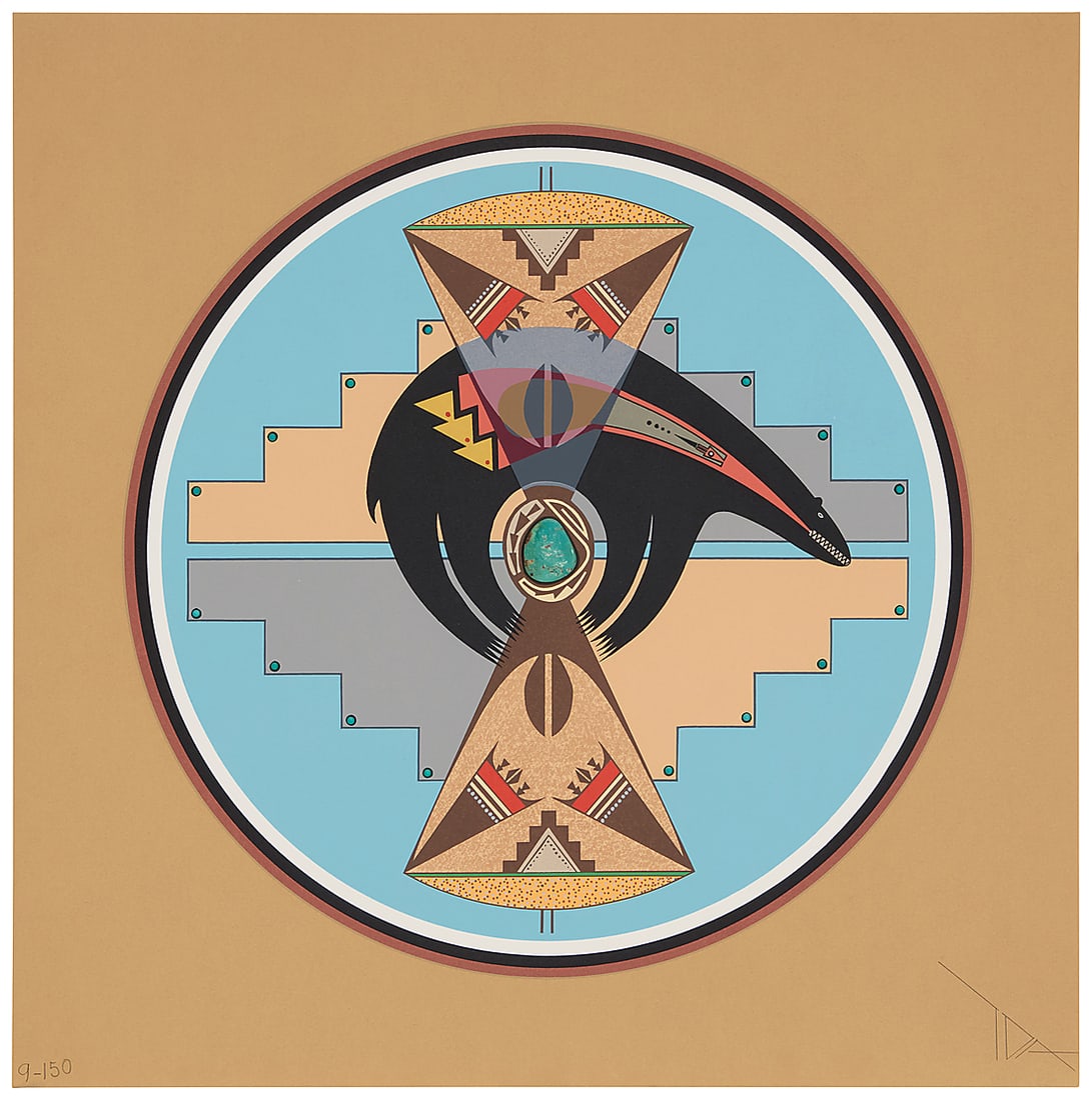 Tony Da (1940-2008, San Ildefonso Pueblo), "Fetish Bear," 1995: Tony Da (1940-2008, San Ildefonso Pueblo) "Fetish Bear," 1995 Screenprint in colors with turquoise stones on paper Edition: 9/150 Signed with initials and numbered "9-150" in pencil, in the lower