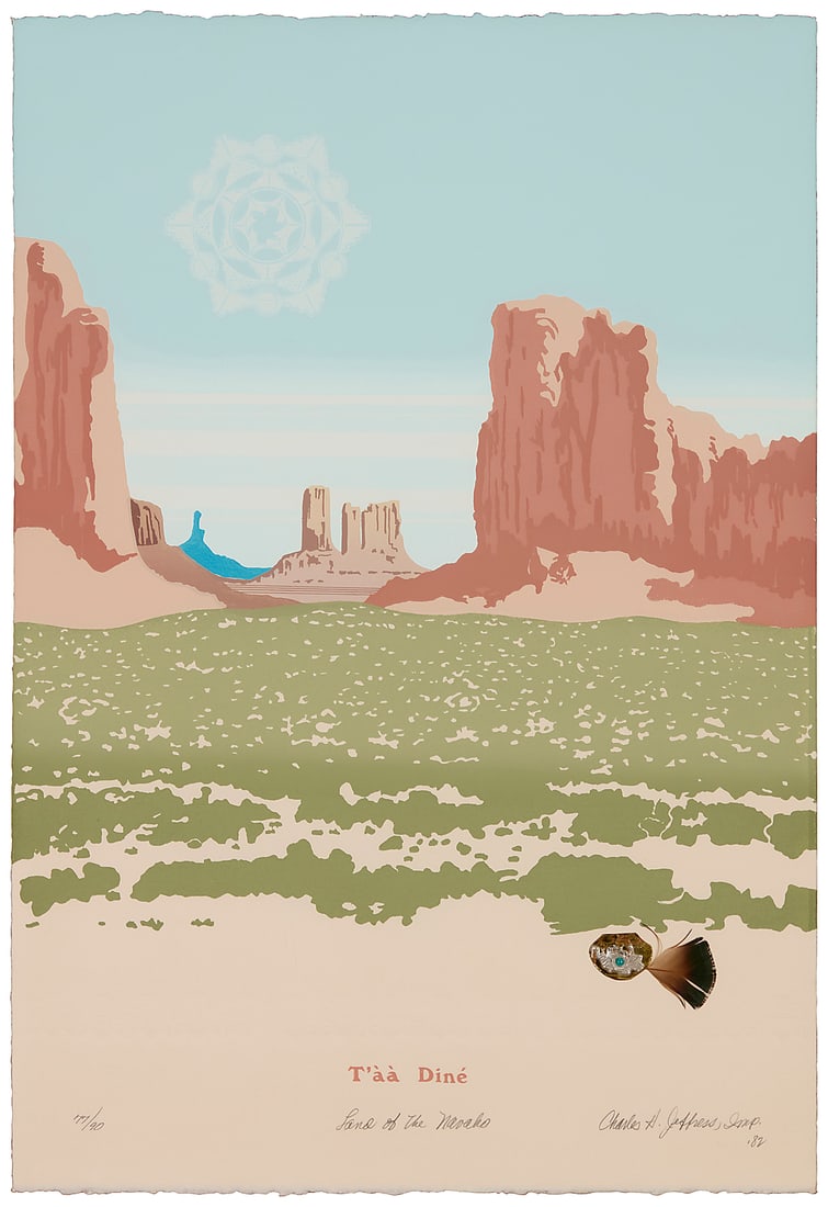 Charles H. Jeffress (1920-2014), "T'àà Dine / Land of the Navaho," 1982: Charles H. Jeffress (1920-2014) "T'àà Dine / Land of the Navaho," 1982 Screenprint in colors, blind embossing, and collage (of silver/brass/turquoise, and a feather) on Arches paper Edition: 77/90