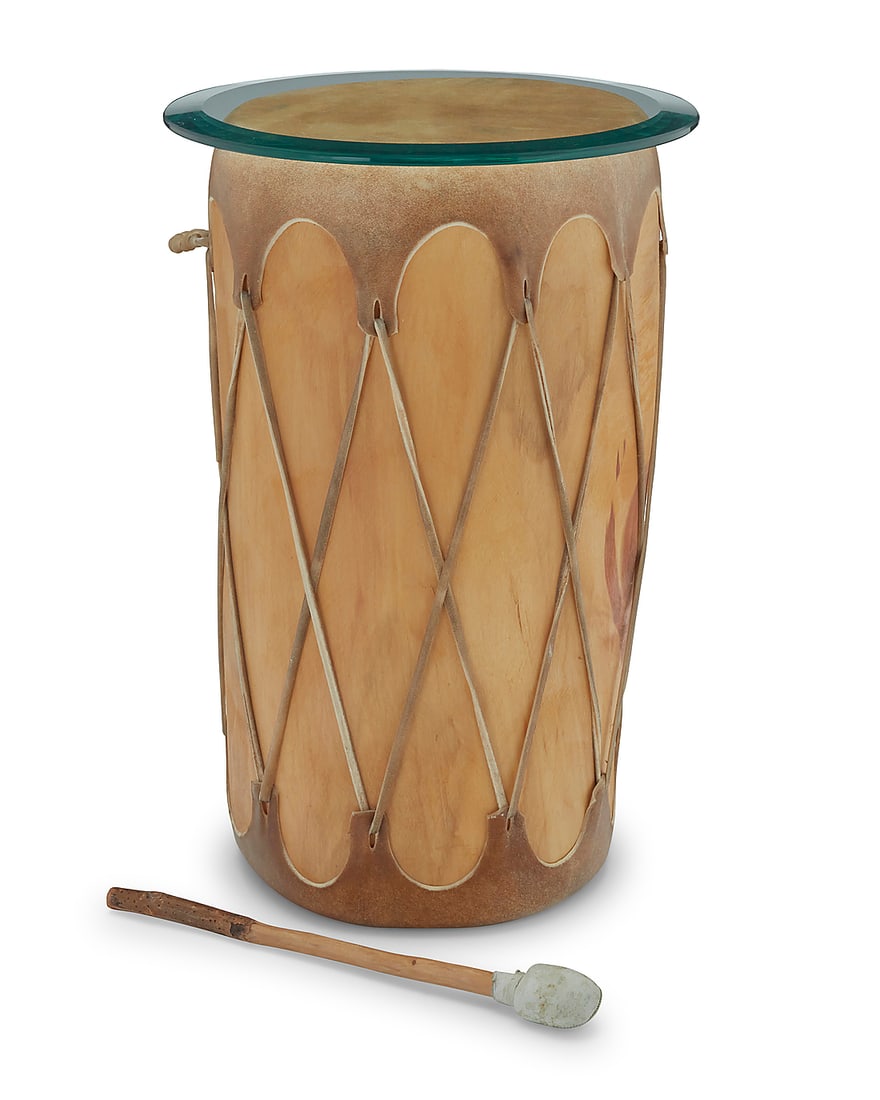 A Native American hide drum as a side table - 2