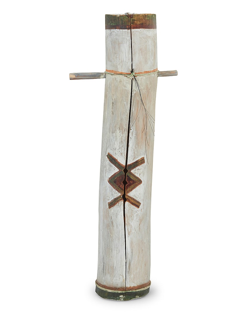 An Apache polychrome carved wood fiddle: An Apache polychrome carved wood fiddle 20th century With wood peg, string, and remnants of horsehair 16.5" H x 6" W x 3.25" D