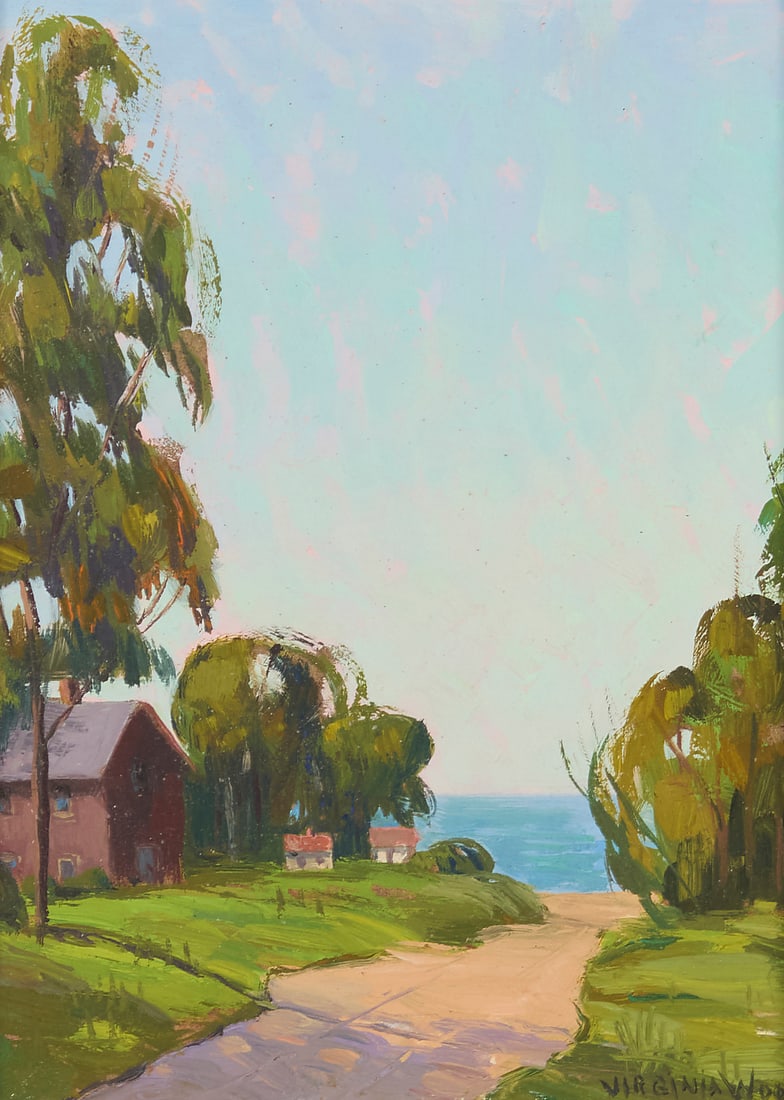 Virginia Woolley (1884-1971), "Path to the Sea, Laguna Beach": Virginia Woolley (1884-1971) "Path to the Sea, Laguna Beach" Oil on Masonite Signed lower right: Virginia Woolley; titled on a piece of tape affixed to the verso 5" H x 4" W