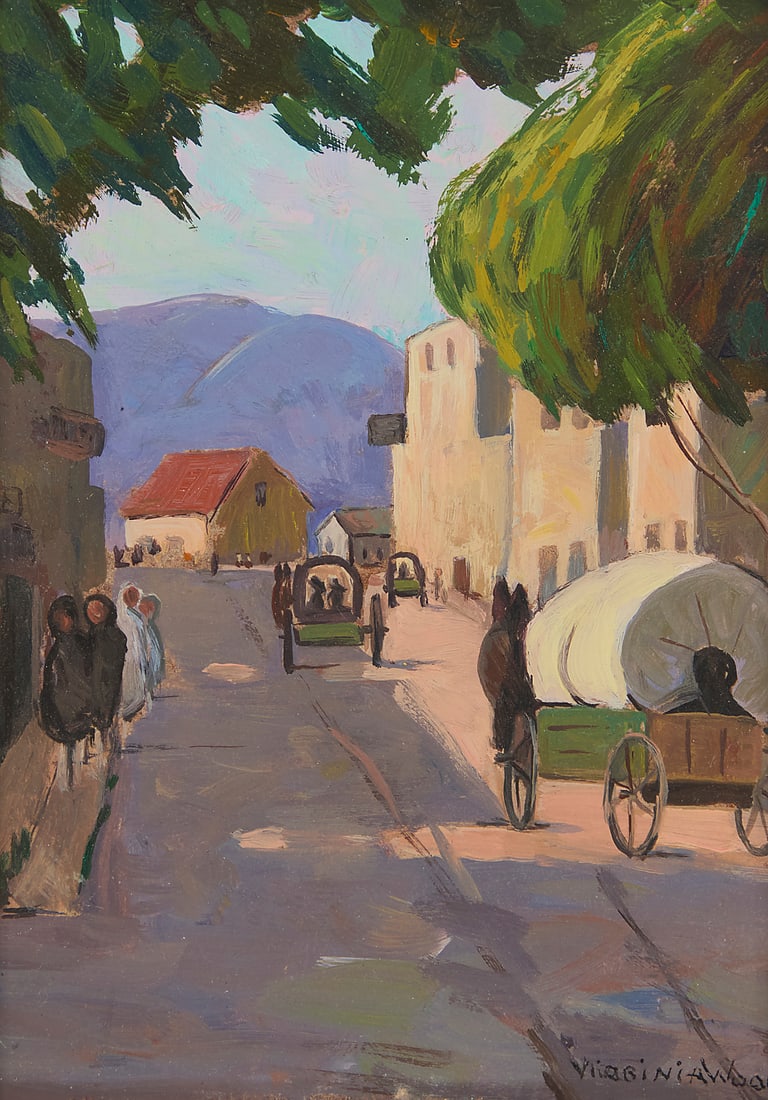 Virginia Woolley (1884-1971), "Taos, New Mexico": Virginia Woolley (1884-1971) "Taos, New Mexico" Oil on board Signed lower right: Virginia Wooley: titled on the artist's label affixed to the verso 5.125" H x 4.125" W