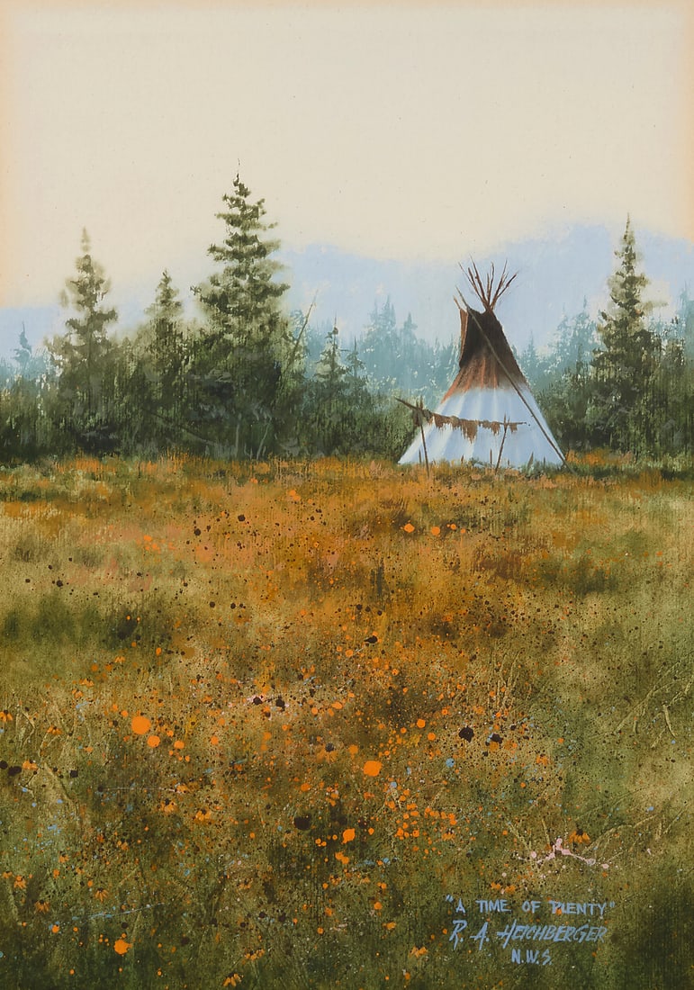 Richard Heichberger (b. 1945), "A Time of Plenty": Richard Heichberger (b. 1945) "A Time of Plenty" Watercolor on paper Signed and titled lower right: R.A. Heichberger / N.W.S. Sight: 13.5" H x 9.5" W Provenance: Cody Gallery, Los Olivos, CA Private