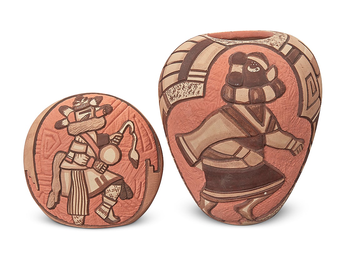 Two Hopi Pueblo carved polychrome pottery jars: Two Hopi Pueblo carved polychrome pottery jars Two works: Marty Naha & Elvira Nampeyo (b. 1970 & b. 1968, Hopi-Tewa) A small pictorial seed jar, 1993 Signed and dated to underside: Marty & Elvira / '9