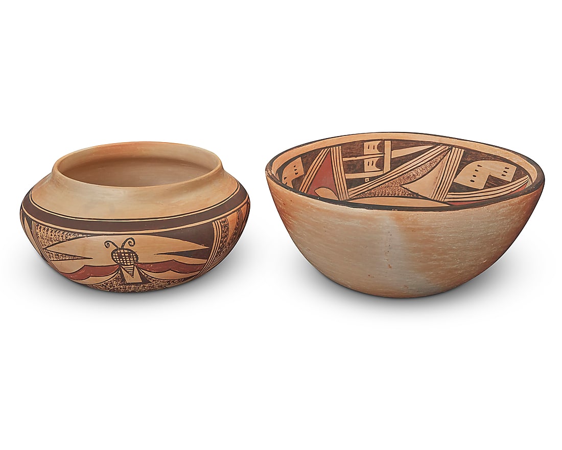 Two Hopi Pueblo polychrome yellowware pottery bowls: Two Hopi Pueblo polychrome yellowware pottery bowls Two works: Marilyn Shula Sakeva (1955-2019, Hopi-Tewa) A low jar, late 20th/early 21st century Signed to underside: M. Sakeva With red and brown ban