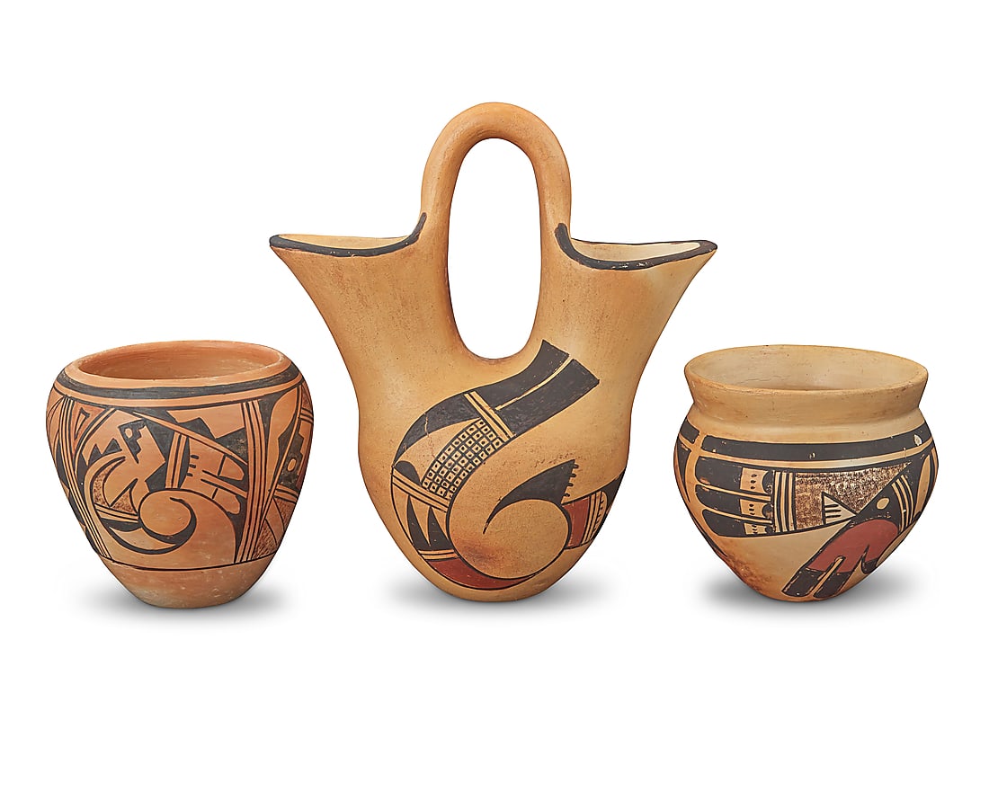 Three Hopi Pueblo polychrome yellowware pottery vessels (1 of 6)