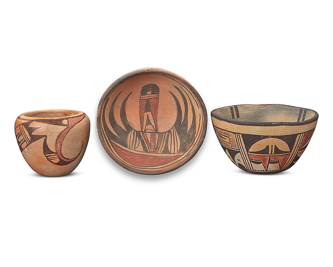 Three Hopi Pueblo polychrome yellowware pottery vessels (1 of 4)