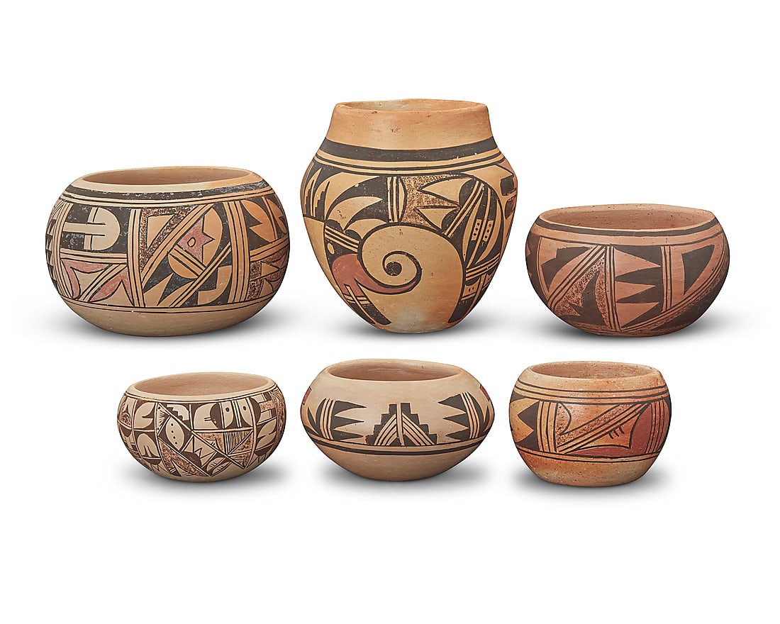 A group of six Hopi Pueblo polychrome yellowware pottery jars: A group of six Hopi Pueblo polychrome yellowware pottery jars Six works: Joanne Youyetewa (b. 20th century, Hopi-Tewa) Two pottery bowls, mid-20th century Each signed: JOANNE YOUYETEWA / [roadrunner c