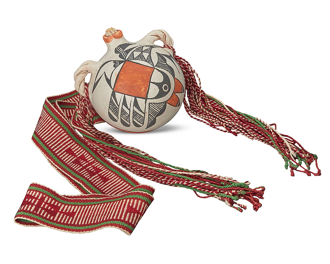 Eva Histia (1914-2005, Acoma Pueblo), A polychrome pottery canteen and woven sash, mid-20th century (1 of 5)