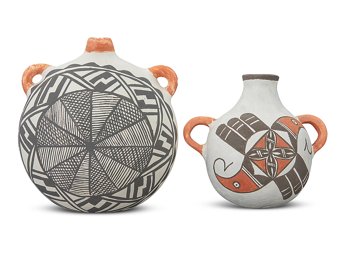 Two Acoma and Laguna Pueblo polychrome pottery canteens (1 of 4)